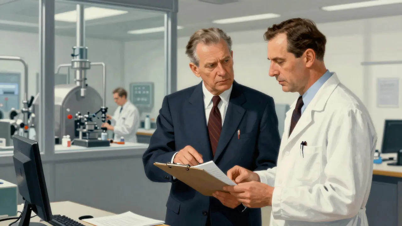 Regulatory inspector discussing quality control with a factory manager in a Norman Rockwell style illustration
