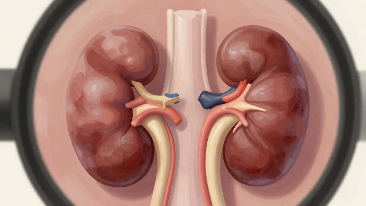 Stylized artistic depiction of healthy and dilated kidney structures