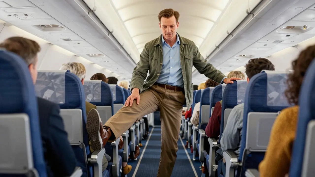 Traveler stretching legs while walking down airplane aisle
