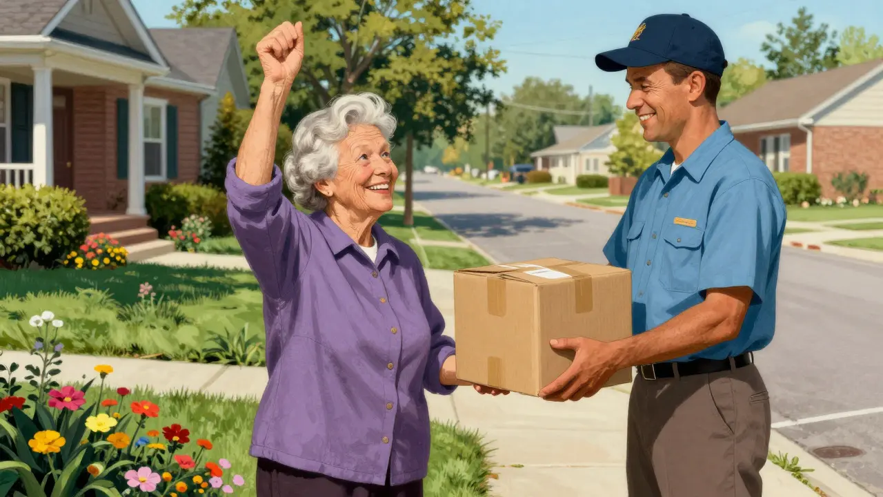 Woman happily receiving a medication package from a mail carrier in her front yard