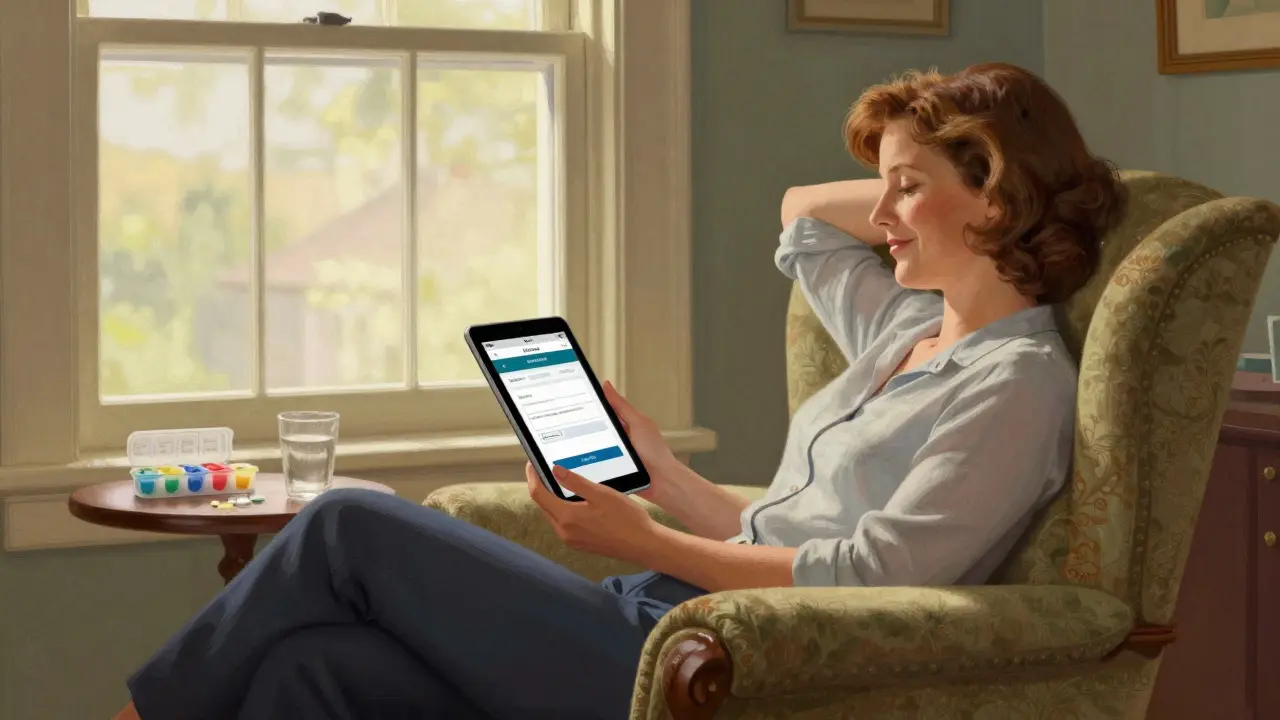Woman relaxing while confirming online medication order