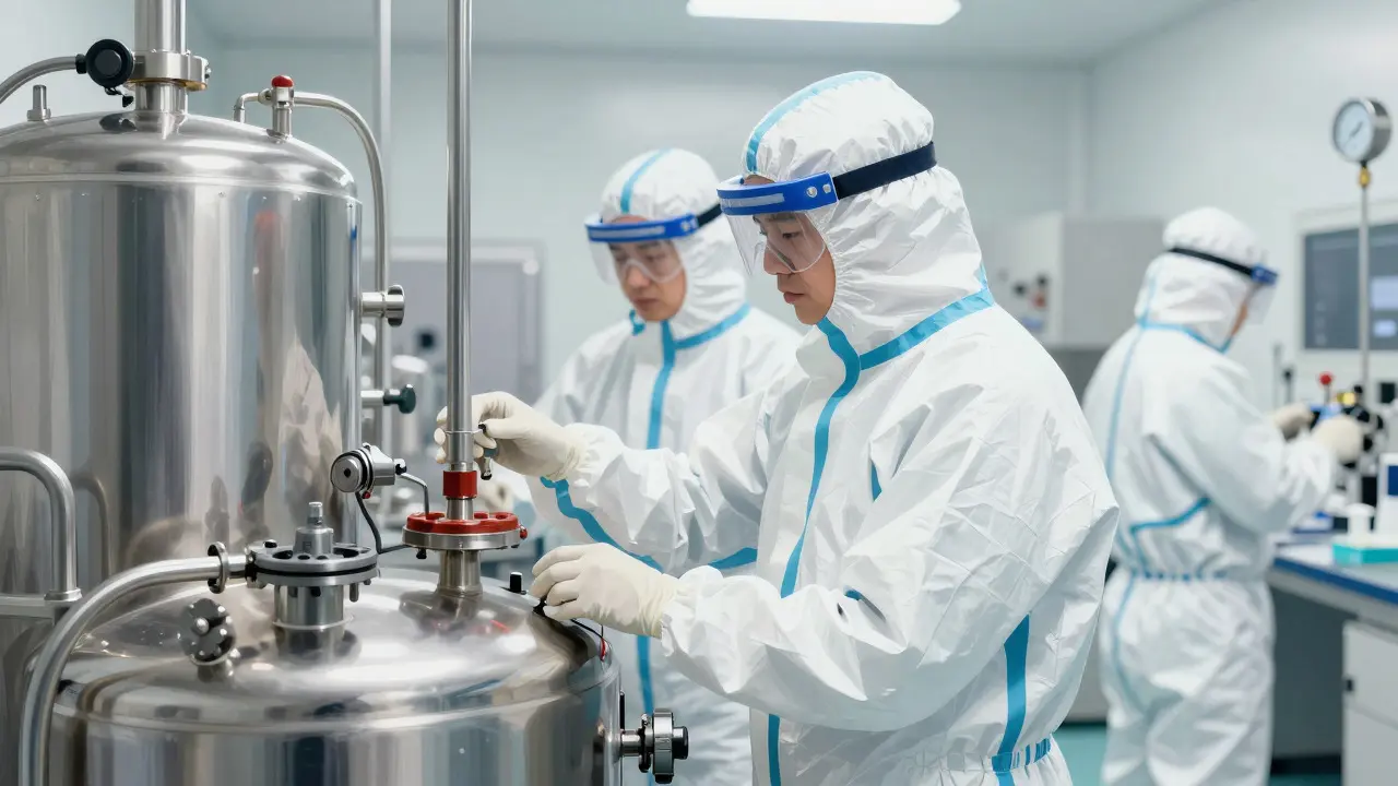 Workers in cleanroom suits managing pharmaceutical equipment in a Norman Rockwell style illustration