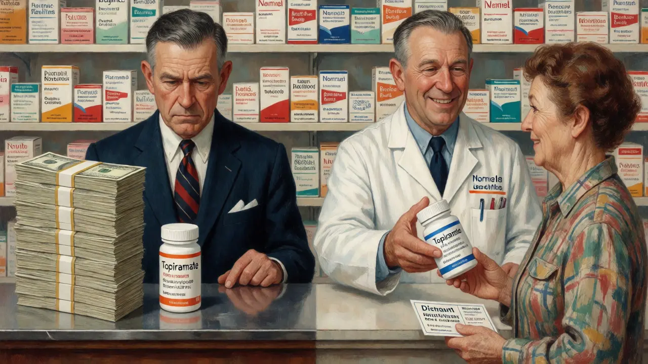Comparison of expensive brand-name drugs versus affordable generic options in a pharmacy.
