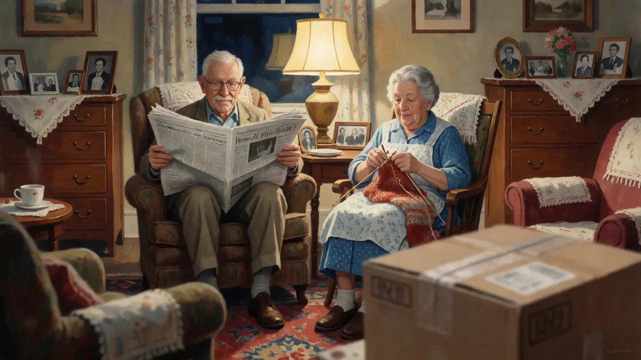 Happy elderly couple enjoying peace of mind with delivered generic medication at home.