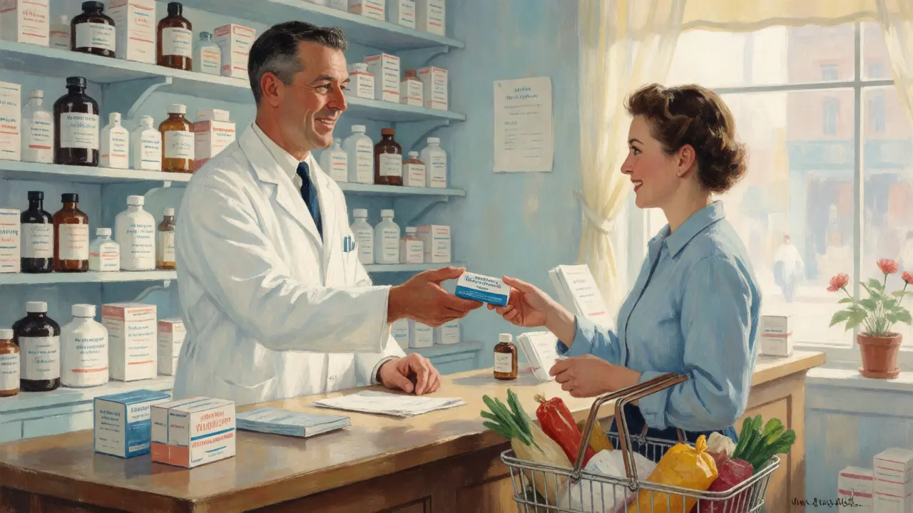 Pharmacist handing medication to a happy customer at the counter