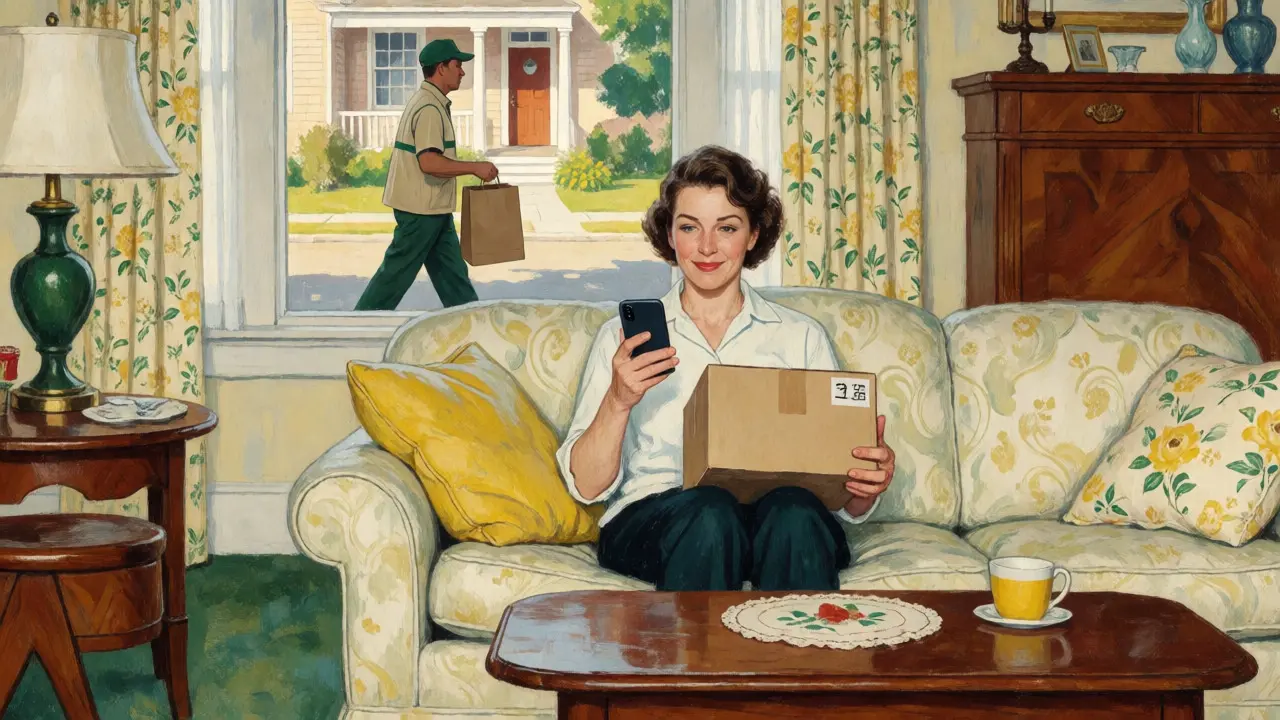 Relieved woman receiving a medicine delivery package at home
